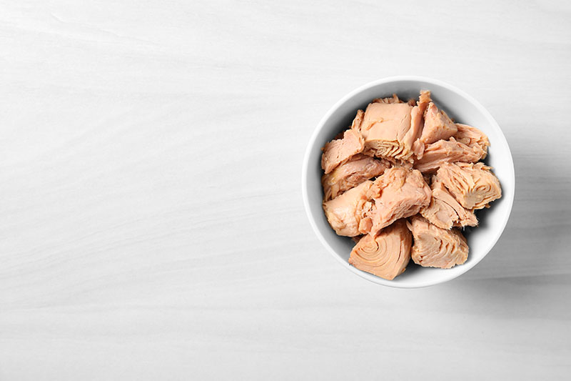 Bowl with canned tuna on a light table.